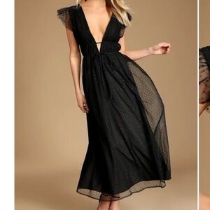 Lulus Yours Evermore Black Swiss Dot Ruffled Midi Dress Size‎ Medium